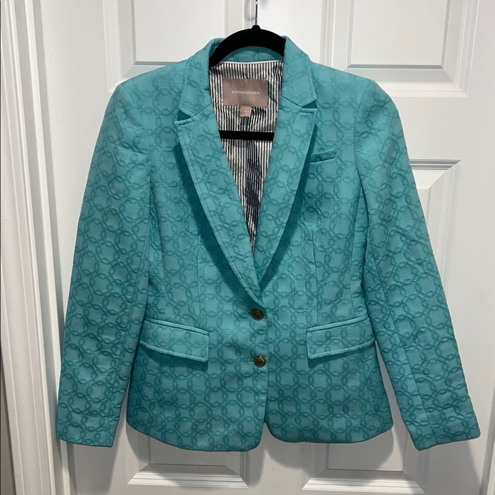 Banana Republic Tiffany Mint Blue Textured Blazer gold military preppy buttons - Picture 4 of 13